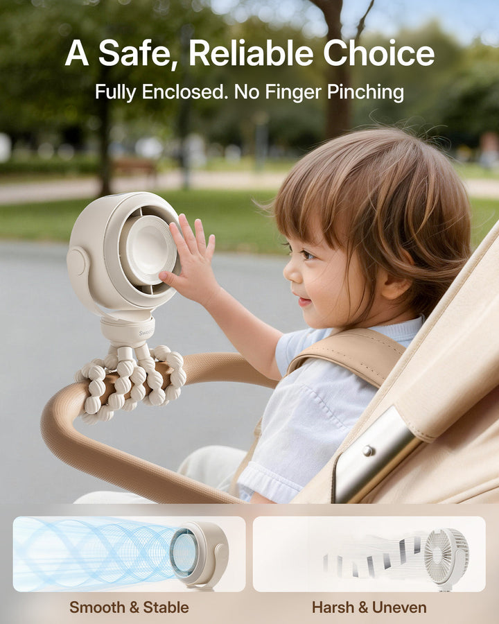 Portable Stroller Fan, Pinch-Proof Baby Fan, 10H Battery, 5-Speed | Kalsten