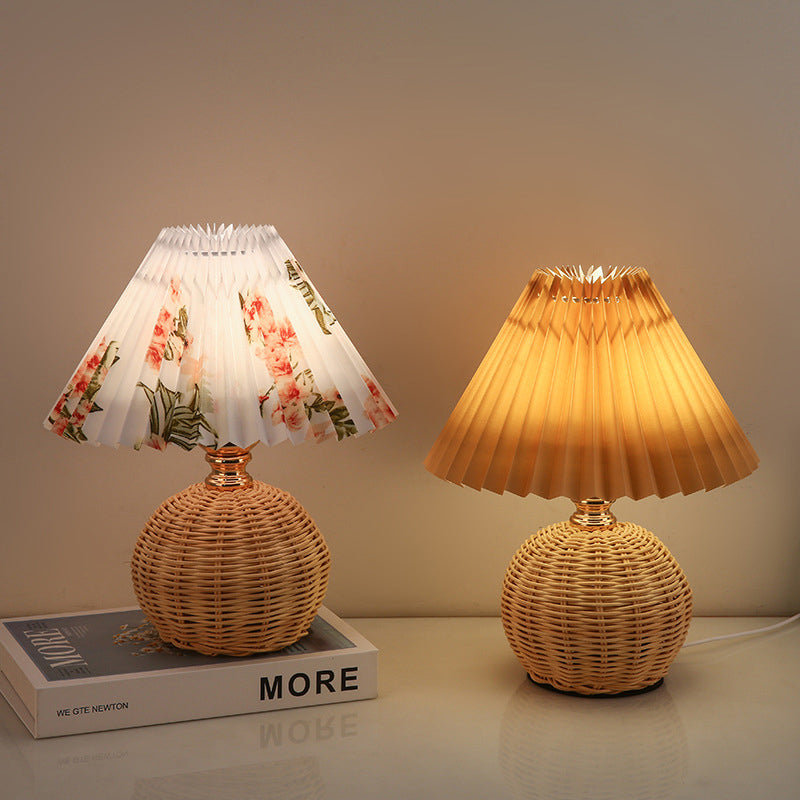 Kalsten | RattaLume Nordic LED Table Lamp | Woven Rattan & Foldable Fabric Shade | Mood Light | Decor for the Bedroom