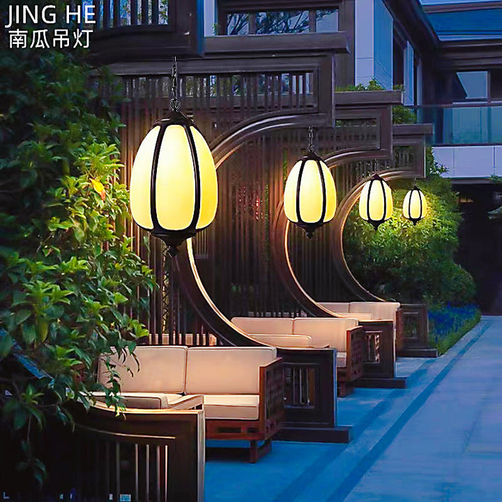 Traditional Chinese Waterproof Aluminum PC Dolomite Elliptical Pumpkin 1-Light Pendant Light For Ourdoor Patio | Kalsten
