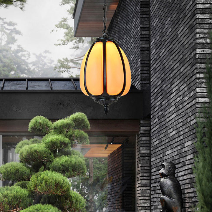 Traditional Chinese Waterproof Aluminum PC Dolomite Elliptical Pumpkin 1-Light Pendant Light For Ourdoor Patio | Kalsten
