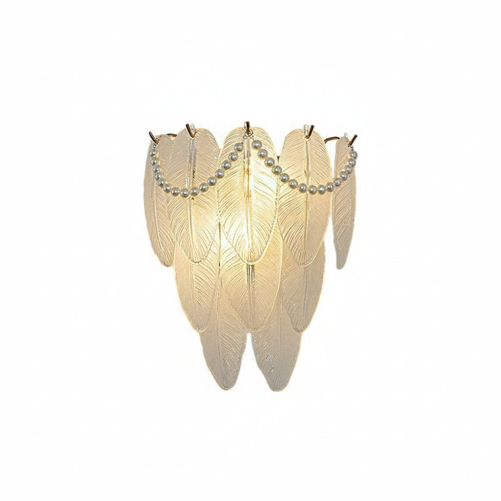 Glass Wall Sconce – French Leaf Feather Pearl Gold (E14 Dimming & 31x34cm) | Kalsten