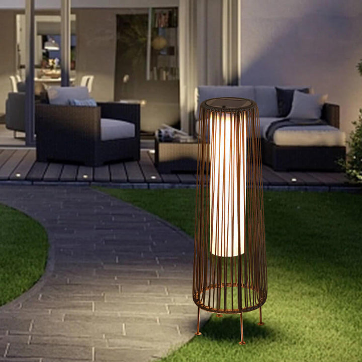 Modern Minimalist Solar Waterproof Round Vertical Pull Strip Iron Rattan LED Standing Floor Lamp For Outdoor Patio | Kalsten