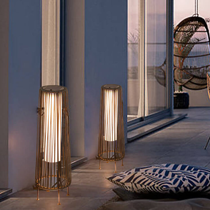 Modern Minimalist Solar Waterproof Round Vertical Pull Strip Iron Rattan LED Standing Floor Lamp For Outdoor Patio | Kalsten