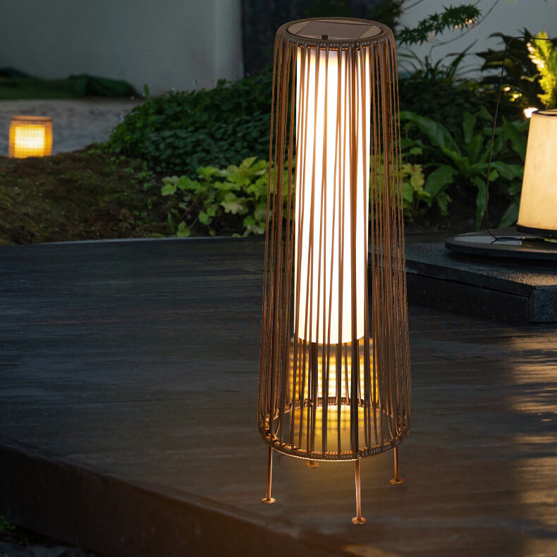 Modern Minimalist Solar Waterproof Round Vertical Pull Strip Iron Rattan LED Standing Floor Lamp For Outdoor Patio | Kalsten