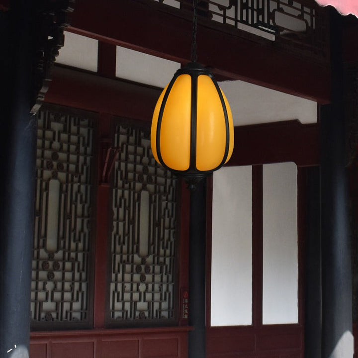 Traditional Chinese Waterproof Aluminum PC Dolomite Elliptical Pumpkin 1-Light Pendant Light For Ourdoor Patio | Kalsten