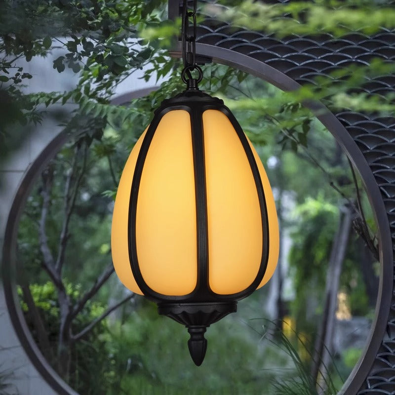 Traditional Chinese Waterproof Aluminum PC Dolomite Elliptical Pumpkin 1-Light Pendant Light For Ourdoor Patio | Kalsten