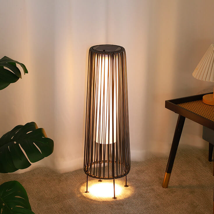 Modern Minimalist Solar Waterproof Round Vertical Pull Strip Iron Rattan LED Standing Floor Lamp For Outdoor Patio | Kalsten