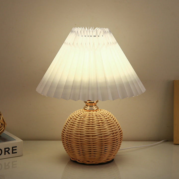 Kalsten | RattaLume Nordic LED Table Lamp | Woven Rattan & Foldable Fabric Shade | Mood Light | Decor for the Bedroom