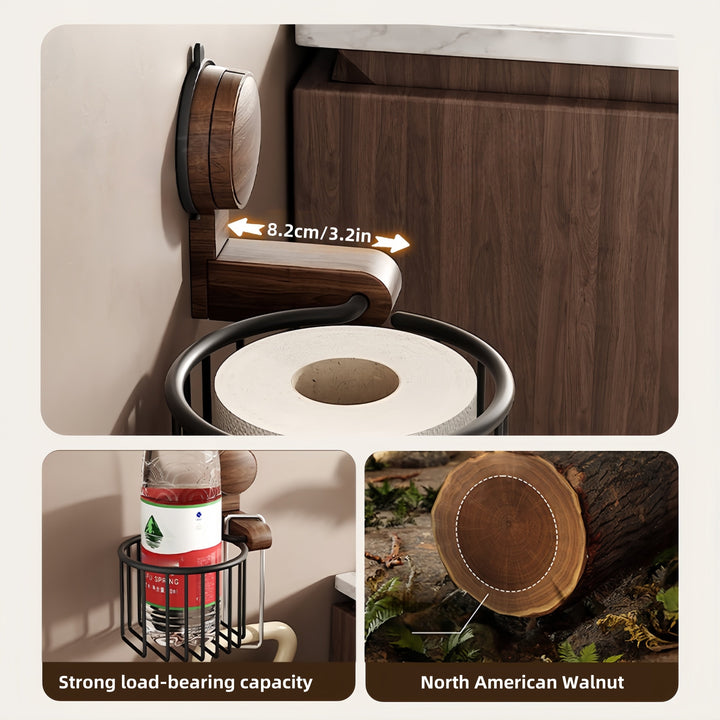 Walnut Wood Toilet Paper Holder – Drilling-Free with Suction Cup | Kalsten