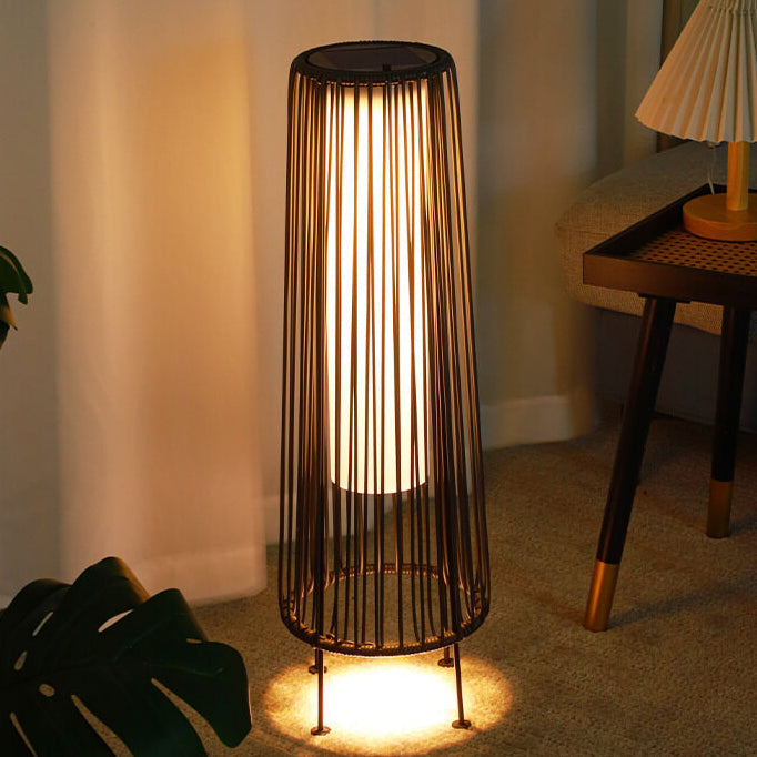 Modern Minimalist Solar Waterproof Round Vertical Pull Strip Iron Rattan LED Standing Floor Lamp For Outdoor Patio | Kalsten