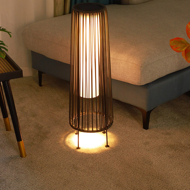 Modern Minimalist Solar Waterproof Round Vertical Pull Strip Iron Rattan LED Standing Floor Lamp For Outdoor Patio | Kalsten