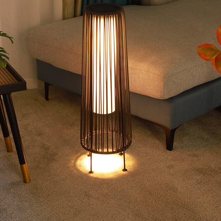 Modern Minimalist Solar Waterproof Round Vertical Pull Strip Iron Rattan LED Standing Floor Lamp For Outdoor Patio | Kalsten