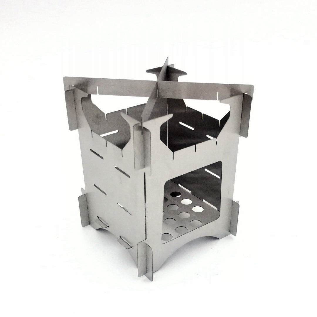 compact stainless steel portable wood-burning camping stove with tool-free interlocking assembly Kalsten