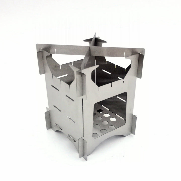 compact stainless steel portable wood-burning camping stove with tool-free interlocking assembly Kalsten