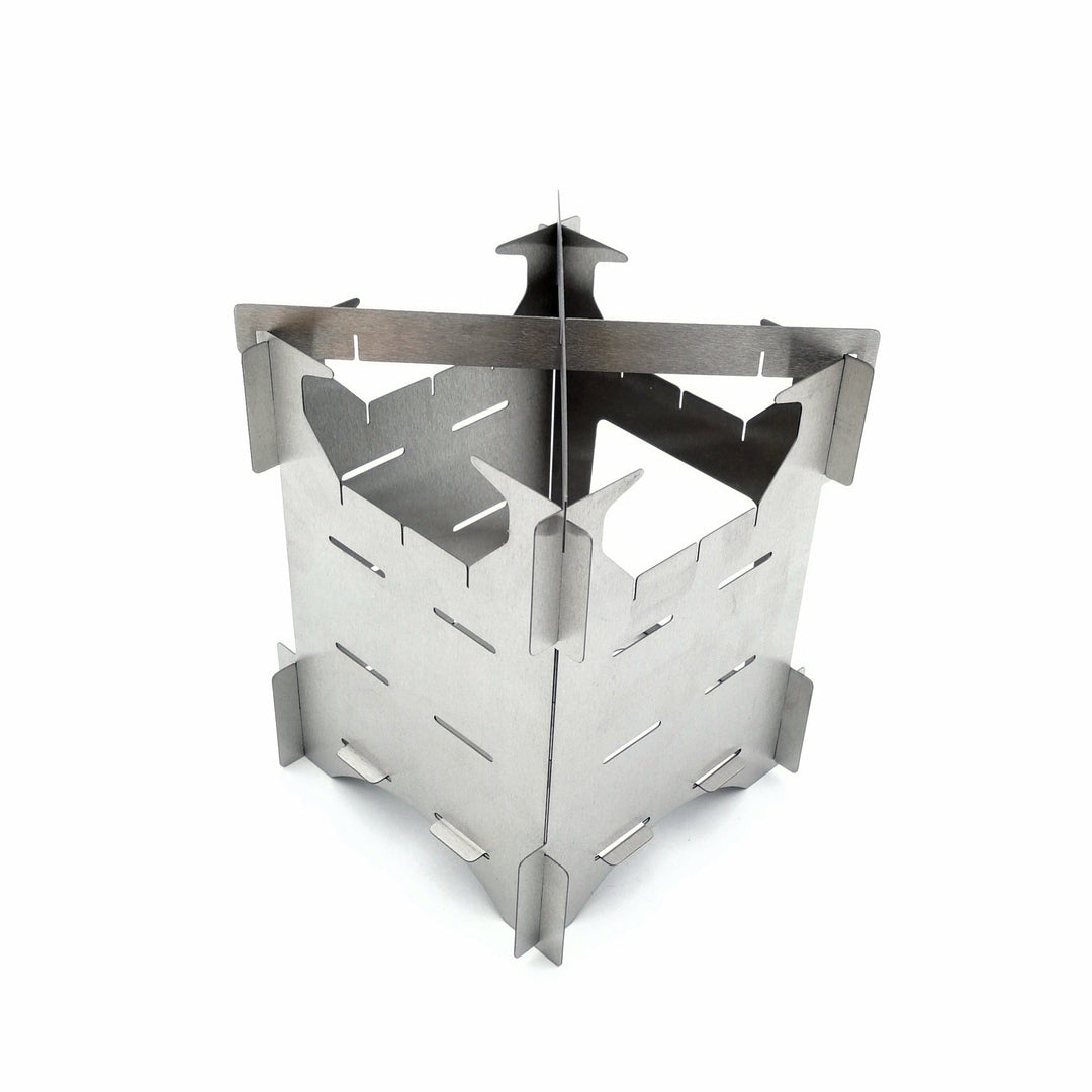 compact stainless steel portable wood-burning camping stove with tool-free interlocking assembly Kalsten