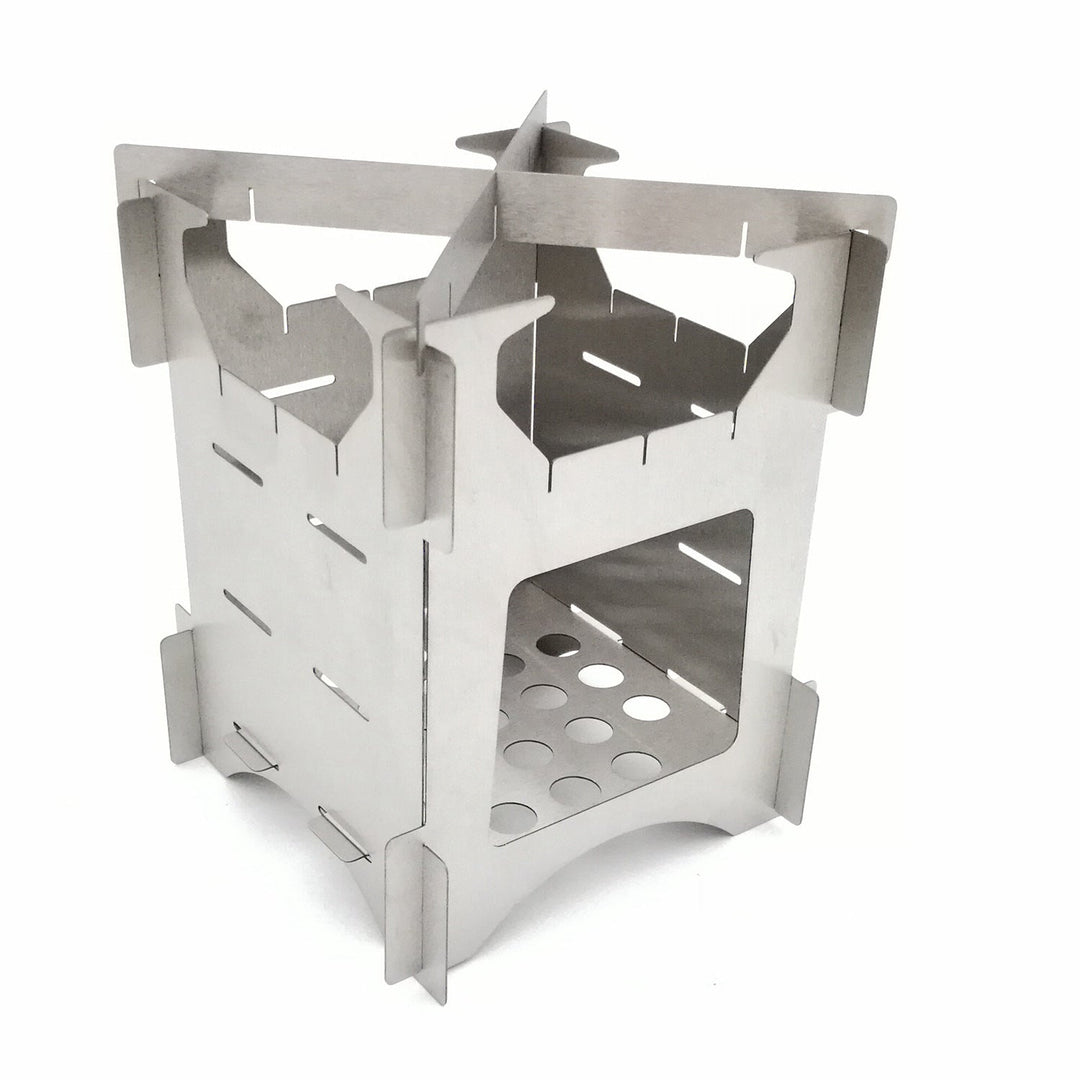 compact stainless steel portable wood-burning camping stove with tool-free interlocking assembly Kalsten