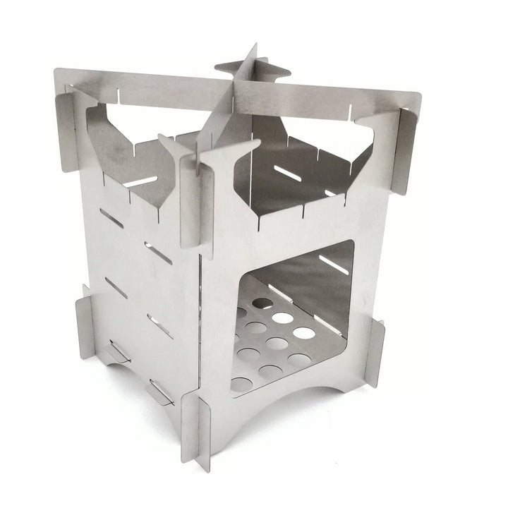 compact stainless steel portable wood-burning camping stove with tool-free interlocking assembly Kalsten