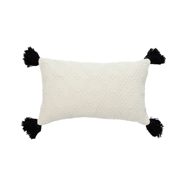 Square Boho cushion cover made of handwoven cotton with textured relief weaving and four tassels Kalsten