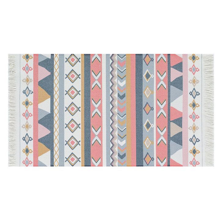 Flat-woven runner rug in ethnic stripe design with hand-fringed edge