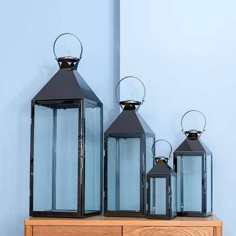 Stainless Steel Glass Hurricane Lantern Set with Hinged Door and Top Carry Ring Kalsten