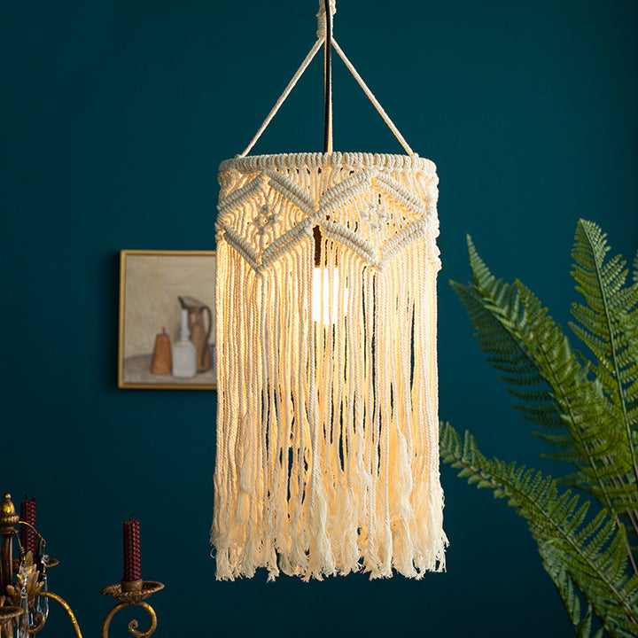 Macramé pendant light with hand-knotted cotton shade and decorative fringes Kalsten