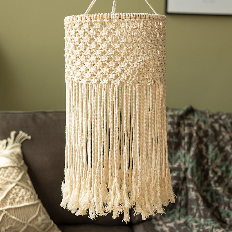 Macramé pendant light with hand-knotted cotton shade and decorative fringes Kalsten