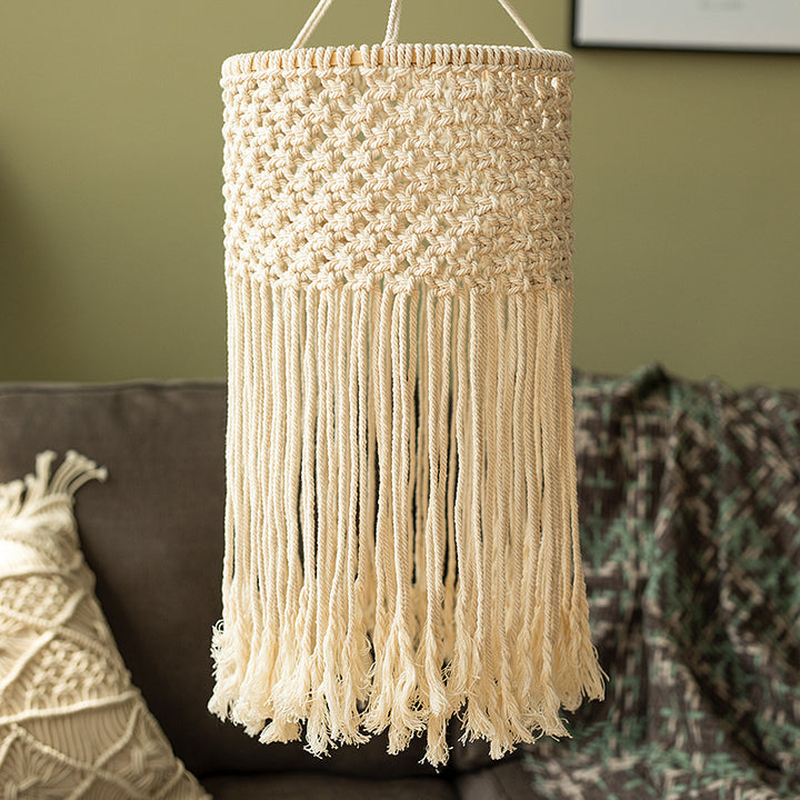 Macramé pendant light with hand-knotted cotton shade and decorative fringes Kalsten