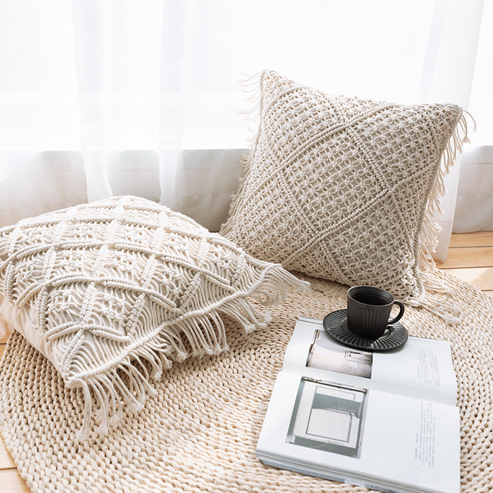 Boho macrame pillow cover with hand-knotted ornament relief and cotton texture Kalsten