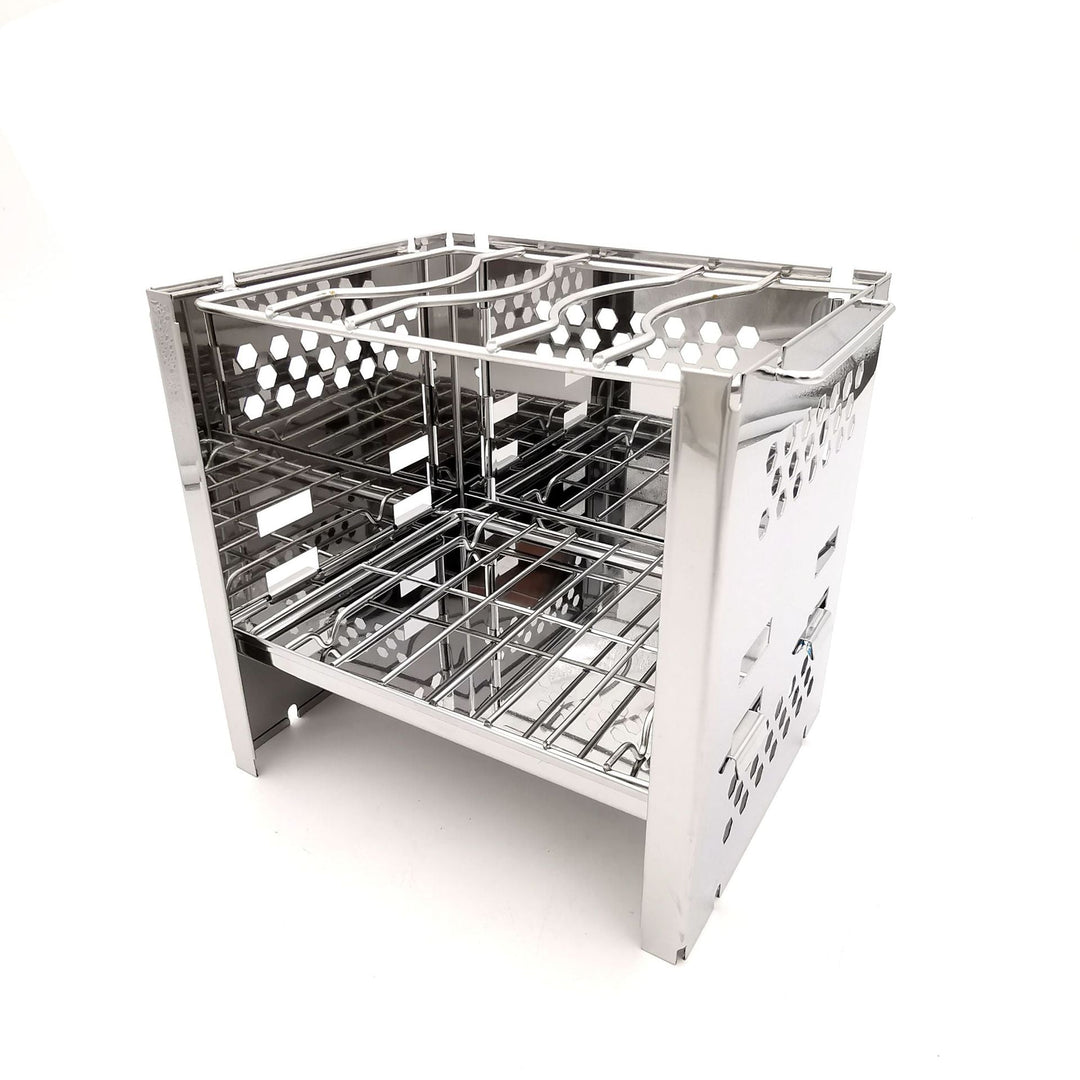 stainless steel collapsible portable camping grill with multi-tier racks and integrated skewer holders Kalsten