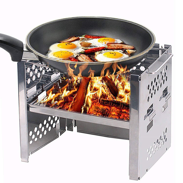 stainless steel collapsible portable camping grill with multi-tier racks and integrated skewer holders Kalsten