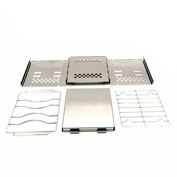 stainless steel collapsible portable camping grill with multi-tier racks and integrated skewer holders Kalsten