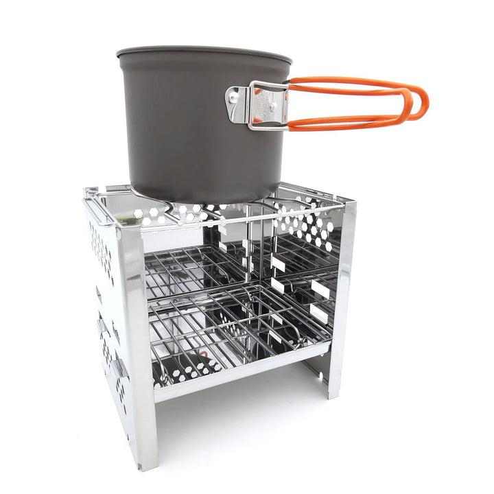 stainless steel collapsible portable camping grill with multi-tier racks and integrated skewer holders Kalsten