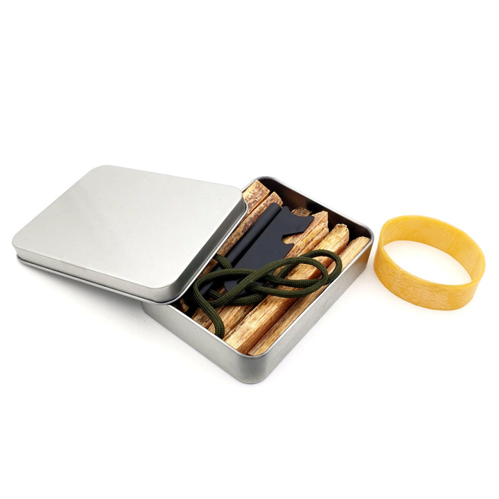 compact emergency fire starter kit with ferrocerium rod striker waxed tinder sticks and lightweight metal storage tin Kalsten
