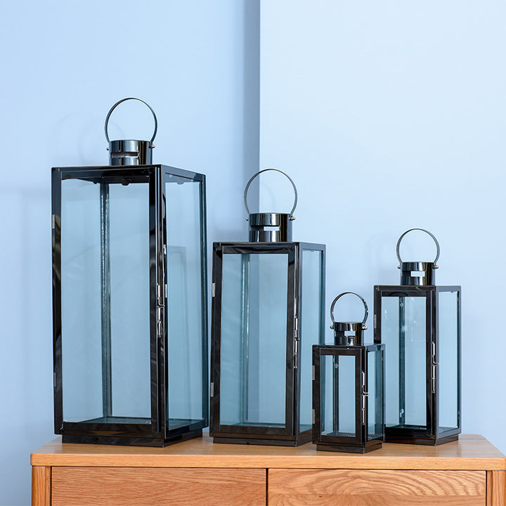 Tall Rectangular Stainless Steel Glass Panel Lantern with Hinged Door and Loop Handle Kalsten