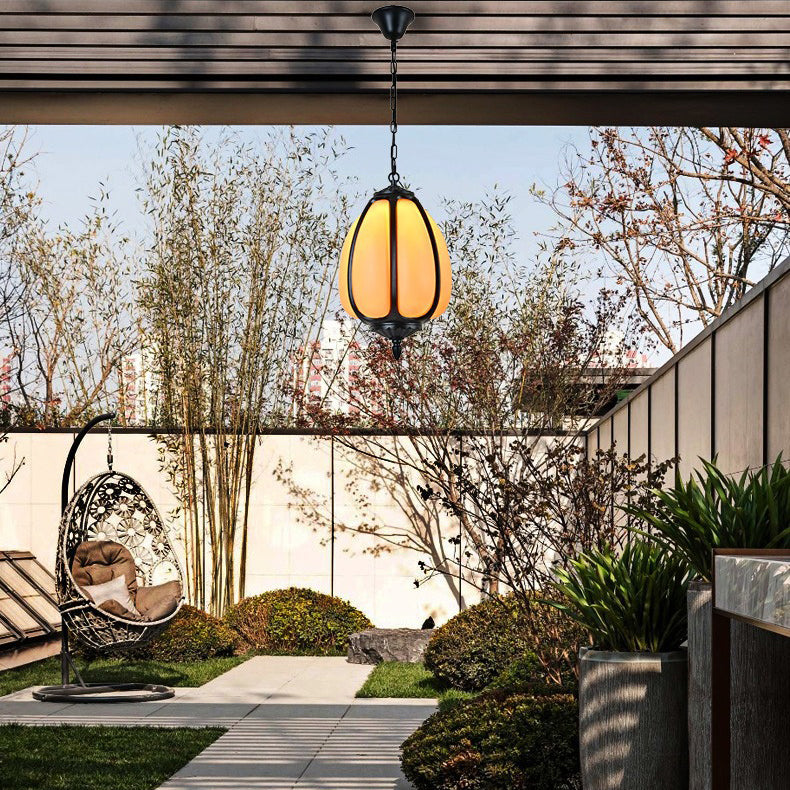 Traditional Chinese Waterproof Aluminum PC Dolomite Elliptical Pumpkin 1-Light Pendant Light For Ourdoor Patio | Kalsten