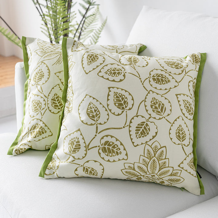 Square decorative cushion cover with botanical leaf print, cotton-linen mix and contrasting piped edge