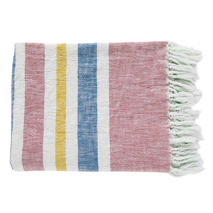 Light striped cotton blend throw blanket with decorative fringes