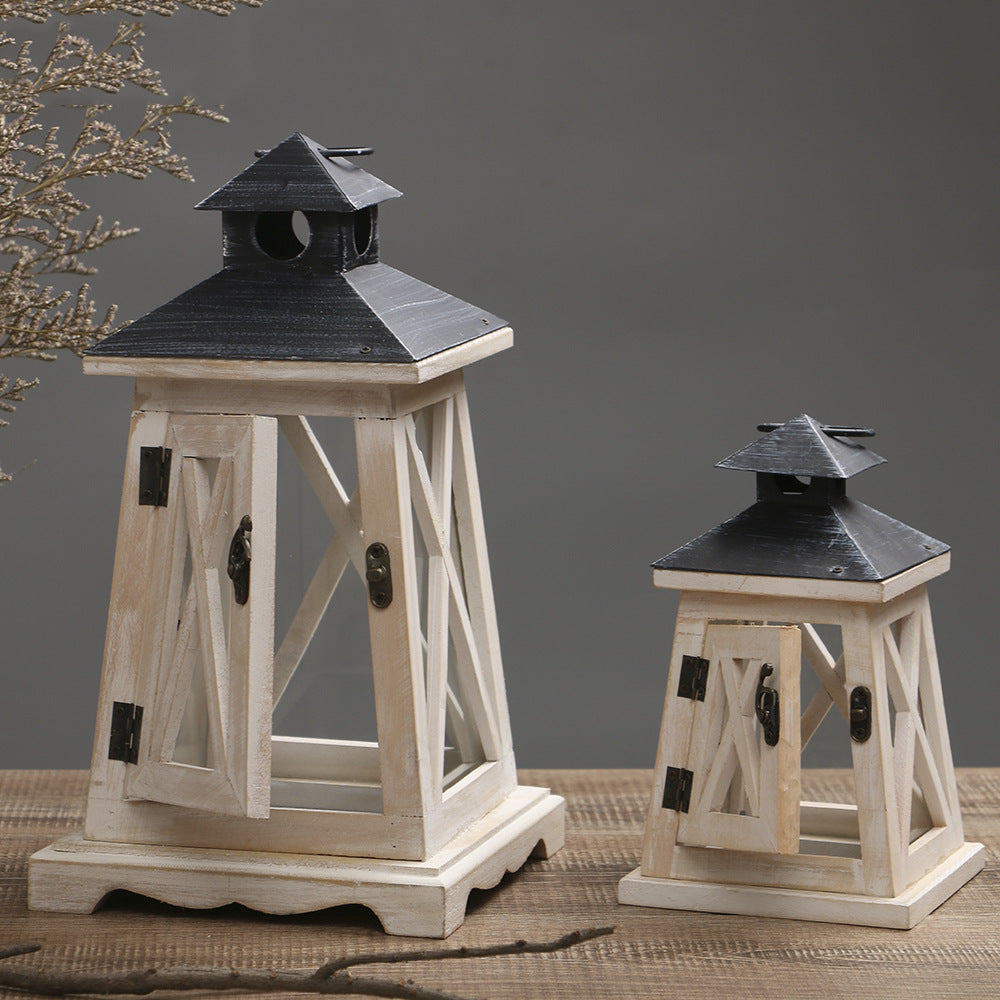 Rustic Distressed Wood Lantern Candle Holder with Glass Panels and Metal Roof Kalsten