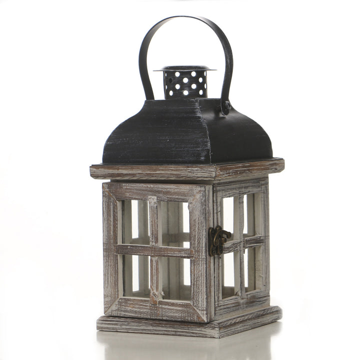 Rustic Wooden Glass-Paneled Lantern with Metal Roof and Latch Candle Holder Kalsten