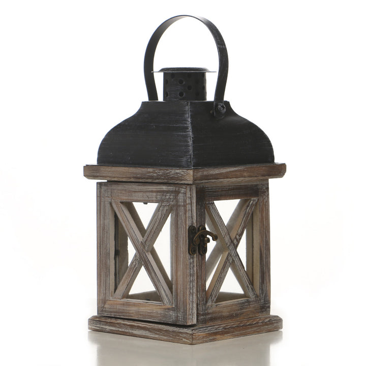 Distressed Wood Glass Candle Lantern with Perforated Metal Top and Vintage Latch Kalsten