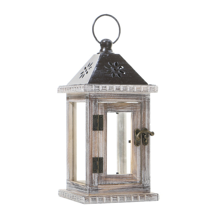 Rustic Wooden Glass-Paneled Lantern with Metal Roof and Latch Candle Holder Kalsten