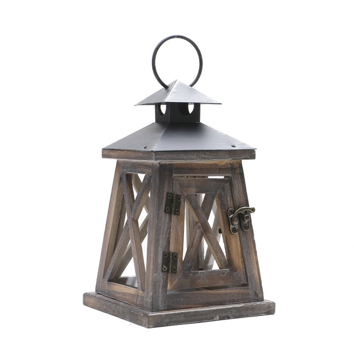 Distressed Wood Glass Candle Lantern with Perforated Metal Top and Vintage Latch Kalsten