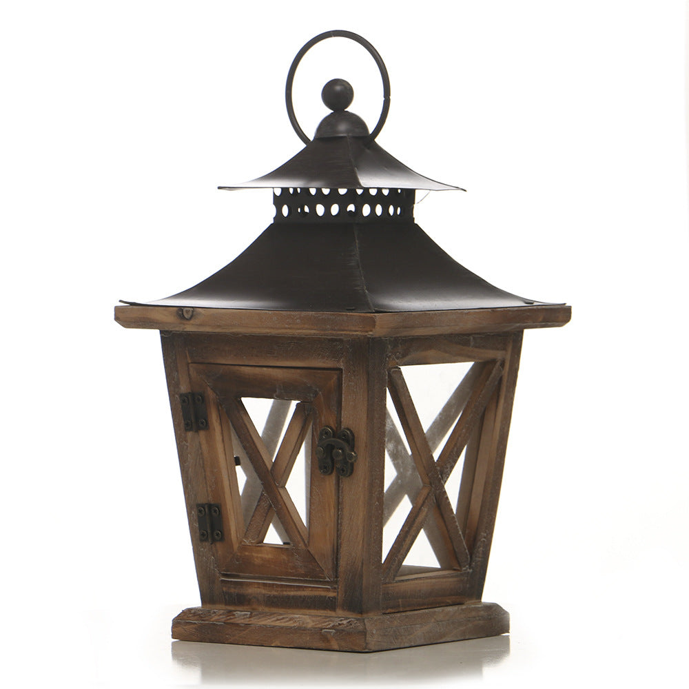 Farmhouse Wooden Lantern with Metal Pagoda Roof and Glass Panels Kalsten