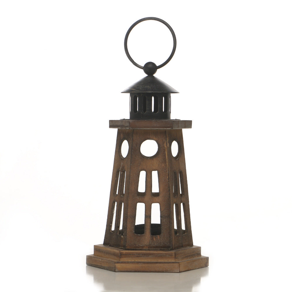 Hexagonal Wooden Lighthouse-Style Tealight Lantern with Cutout Windows and Metal Roof Kalsten