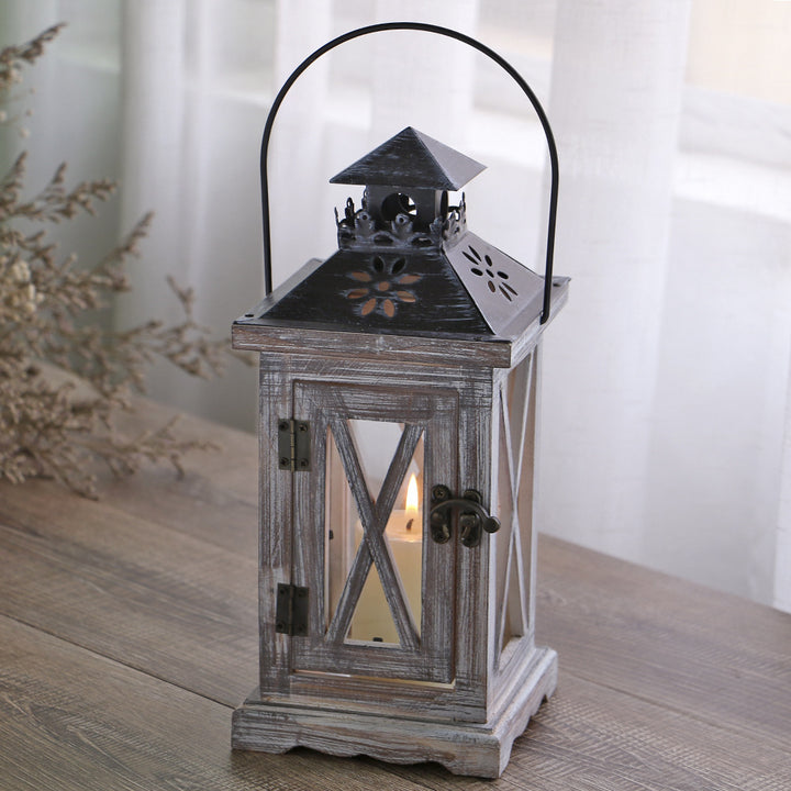 Distressed Wood Glass Candle Lantern with Perforated Metal Top and Vintage Latch Kalsten