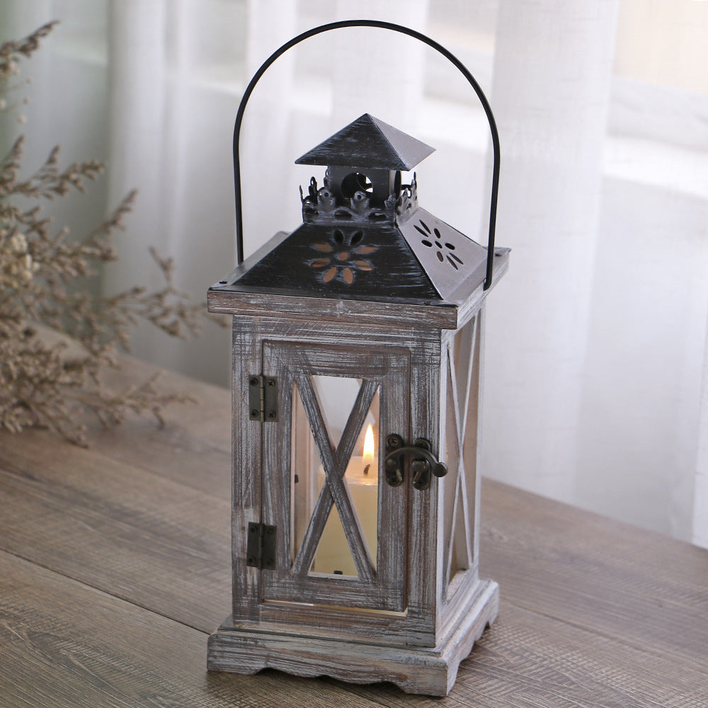 Rustic Distressed Wood Glass-Paneled Decorative Candle Lantern with Metal Top and Carry Handle Kalsten