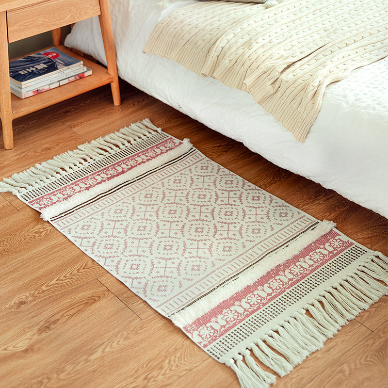 Handwoven cotton runner in Scandi-Boho style with fringes and geometric diamond jacquard Kalsten