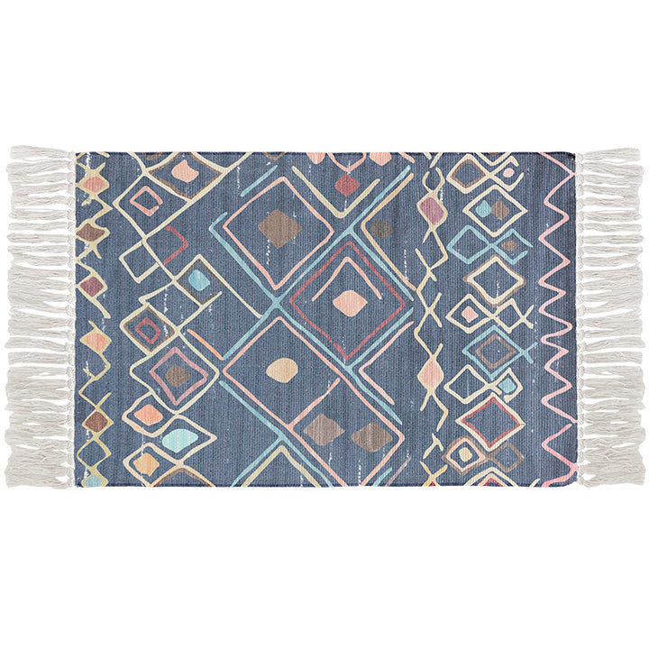 Flat-woven cotton runner with Boho-ethno pattern and fringed edge