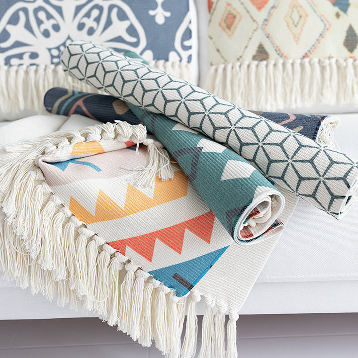 Flat-woven cotton carpet runner with ethnic diamond pattern and decorative fringes Kalsten