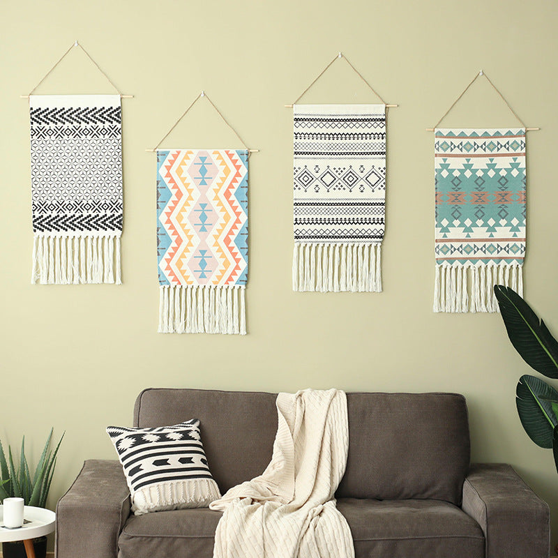 Boho-Ethno-Style tapestry set with fringes and wooden rod Kalsten